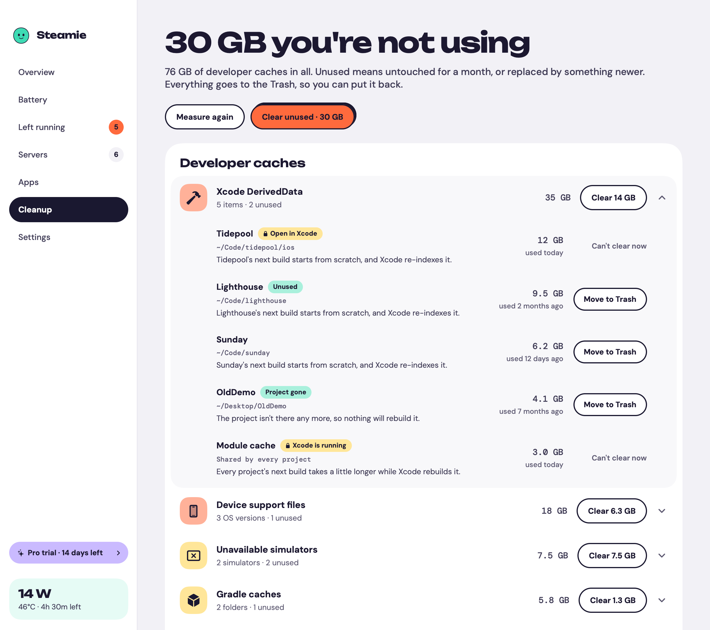 Steamie's Cleanup page: 30 GB you're not using, broken down into Xcode DerivedData, device support files, unavailable simulators and Gradle caches, with what clearing each one means.