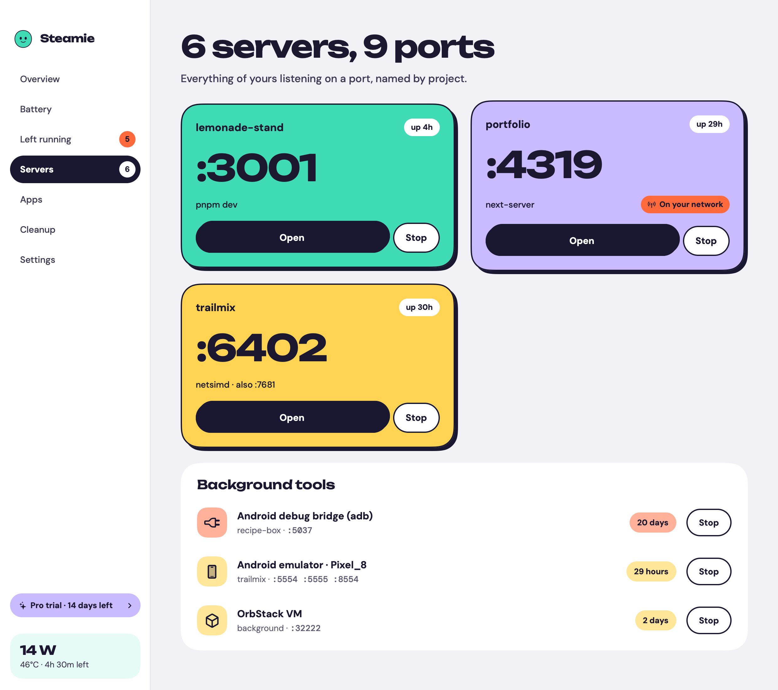Steamie's Servers page: dev servers on ports 3001, 4319 and 6402 grouped by project, with one marked as open to the network.